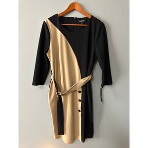 Glamour Black & Tan Colorblock Sheath Dress Size 14 – Belted, 3/4 Sleeve, NWT